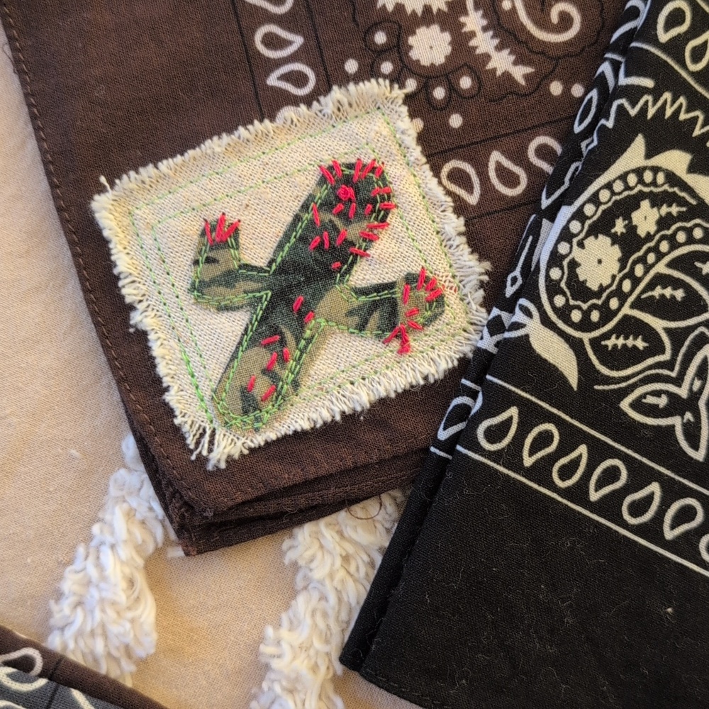 Bandana scarf w cactus, upcycled, embroidery cactus patch, Pick 1 HANDMADE ITEM - Picture 4 of 16